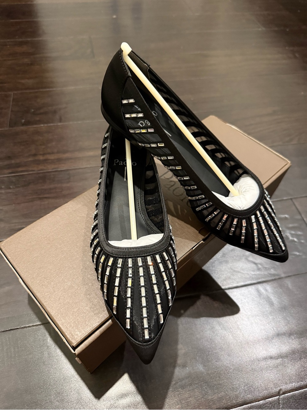 Línea Paolo Black Embellished Pointed-Toe Flats in Satin